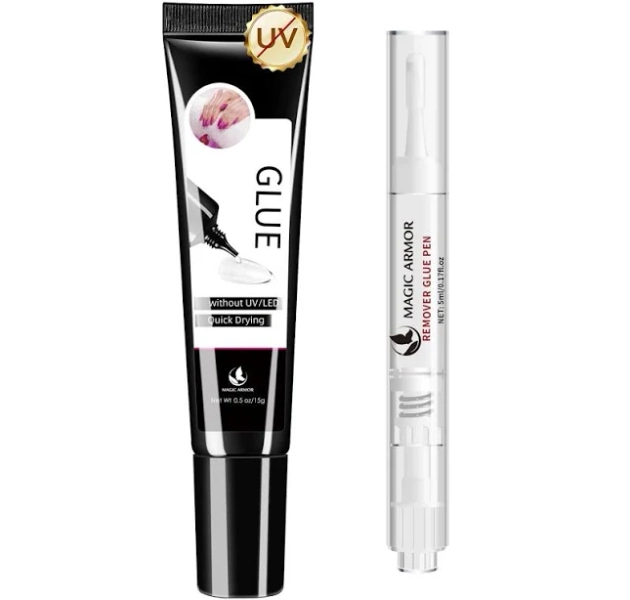 15g Semi Solid Nail Glue Gel with 5ml Remover Glue Pen, Super Glue for Press On Nails, No UV Light Needed Long Lasting, Click Removal Pen Design 3-in-