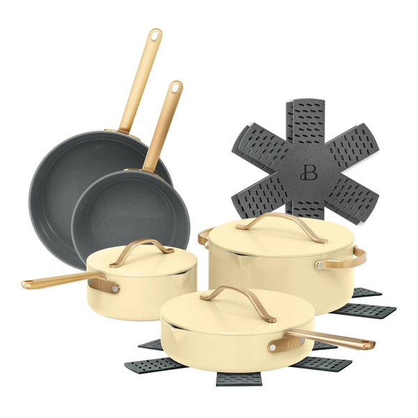 Beautiful 12-Piece Evergood Non-Toxic Ceramic Nonstick Coating Cookware Set, Pots and Pans with Strainer Lids, Buttercream by Drew Barrymore - Walmart.com