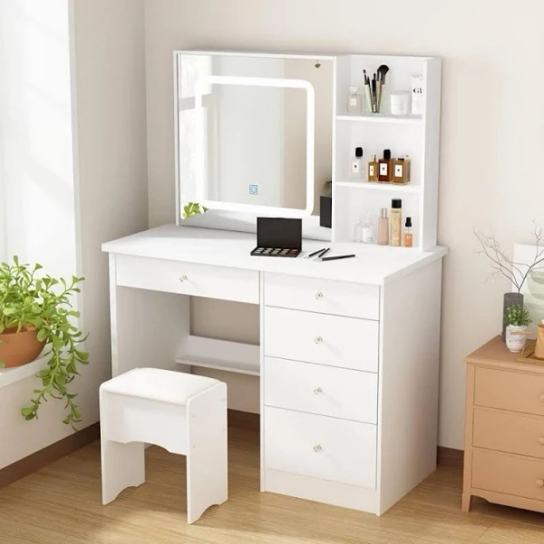 FUFU&GAGA 5-Drawers White Makeup Vanity Sets with LED Dimmable Mirror, Stool,