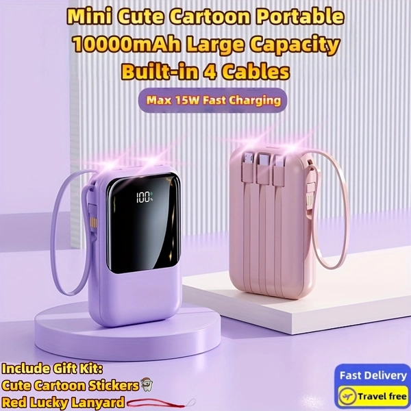 Mini Cute 5V3V Fast Charging Cartoon Power Bank, 10000mAh Large Capacity Rechargeable Portable Mobile Phone Charger, Built-with 4 Cables, Self Charge Cable, Dual Ultra-bright LED Lights, Outdoor Travel Battery Packs, Digital Display, Micro & USB-C