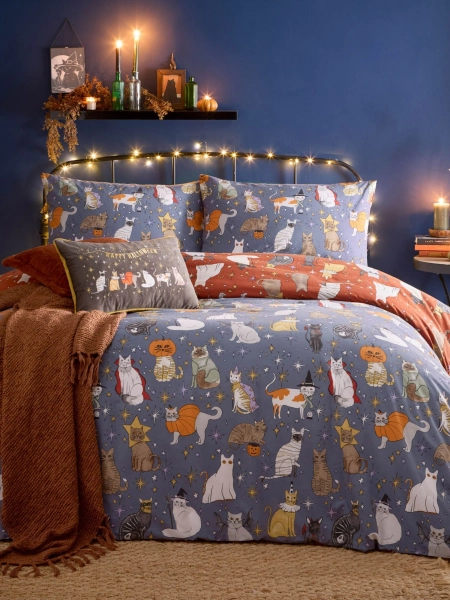 Furn Multicolour Halloween Pawty Reversible Duvet Cover and Pillowcase Set - Size SINGLE