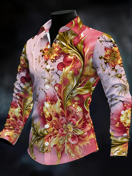 New gold-plated floral print men's long sleeved shirt, light luxury retro court style shirt, business casual trendy top - AliExpress 