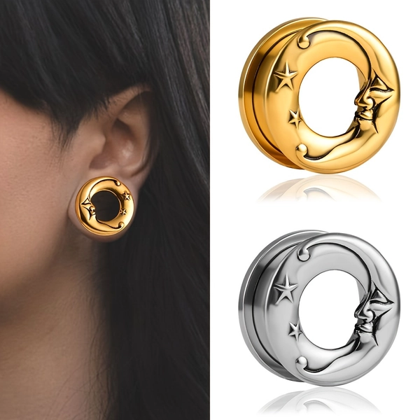 A Pair Of Romantic Star And Moon Tunnel Earrings Made Of Stainless Steel, Suitable For Stretching The Ears As Fashionable Body Jewelry With Anti-allergic Properties.
