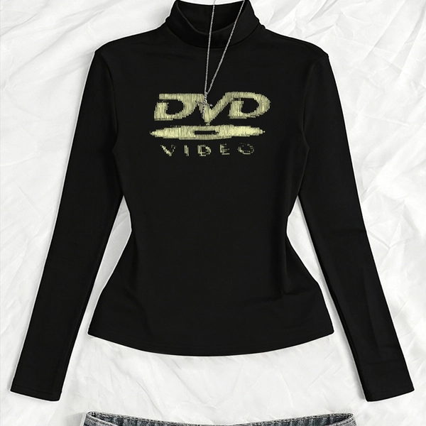 Vintage DVD-print top met lange mouwen, Y2K, pittige, slanke pasvorm en halfhoge col