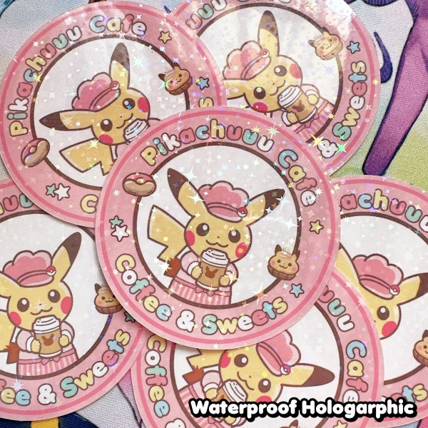 Pika Cafe 3inch Sticker Waterproof Glossy Holographic for Coffee Lover for Pokemon Lover for Decoration Stanley Tumbler Sticker Laptop Decar