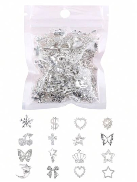 40Pcs/Set Random Silver Metal Nail Charms Assortment, Including Star Nail Studs, Shiny Cross, Cute Planet Zinc Alloy Nail Decals And 3D Y2K Rhinestone Nail Jewelry, Nail Art Accessories Nail Supplies Nails Nail Gems