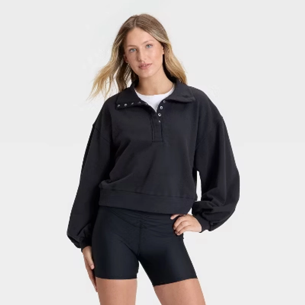 Women's Henley French Terry Sweatshirt - JoyLab™ Black XXS