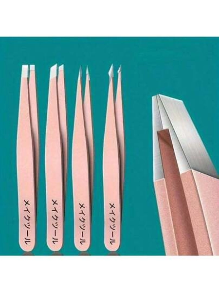 4pcs Precision Stainless Steel Tweezers Set For Eyebrow And Facial Hair Removal With Slant Angle And Pointed Tips For Accurate Grooming