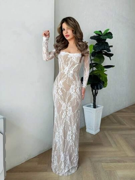 Jemour Women's Autumn/Winter Sexy S-Shape Lace Long Sleeve Cupped Bustier Tight Fitting Floor Length Bodycon Dress, Party, Date Night, Evening Occasion,Summer Dresses For Women,Tea Party Dress