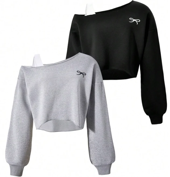 SHEIN Girls Kids Cropped Oblique Shoulder Sweatshirt