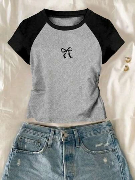 Summer Versatile Short Sleeve Fitted Waist Ruched Bowknot T-Shirt Young Girl Summer Tops Women Summer Outfits Summer Outfits For Girls Outfits For Girls Summer Cute Teen Summer Shirts Crop Teen Girl Clothes Girls T Shirts Crop Summer Holiday