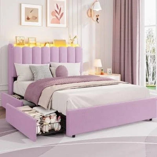 Size Bed Frame with Storage Headboard & 2 Drawers Boucle Upholstered Platform