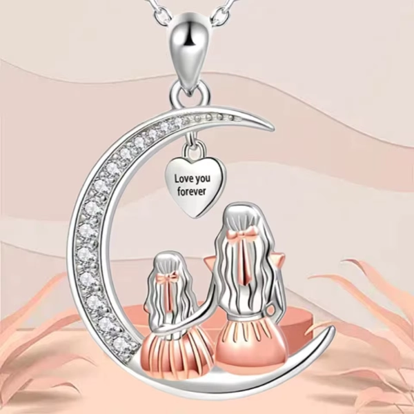Mom Daughter Necklace Silver Moon Heart Pendant