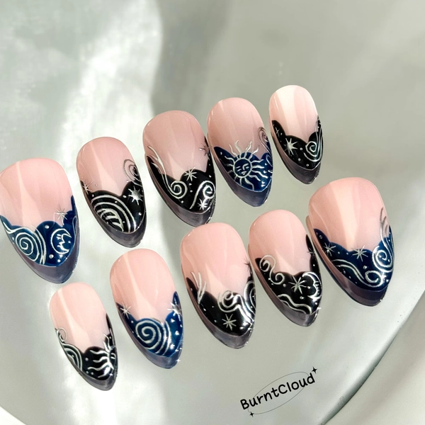 348 "Celestial Tale" Press on Nails: Moon, Sun, Frenchtips, Totem, Custom Hand-painted