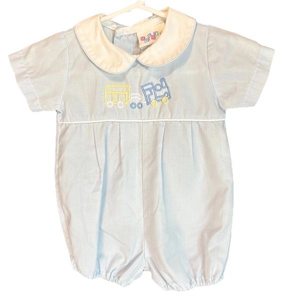 Vintage Alexis Train Romper 3M Made USA Blue Embroidered Peter Pan Collar Infant
