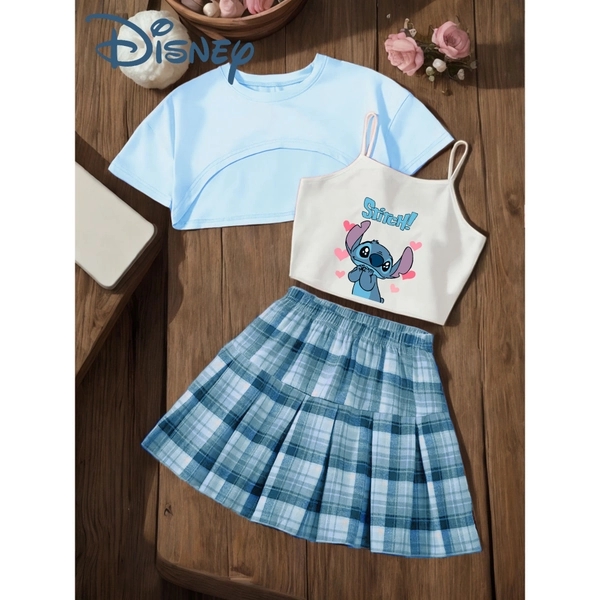 Disney Officially Licensed Girls' 3pcs Set, Stitch Cartoon Print, Plaid Pleated Skirt with Crop Top& Short-Sleeve Shirt, Playful Design, Lightweight& Soft Fabric, Preppy Style, Perfect for Daily Outfits, Ideal Gift Choice for Girls.