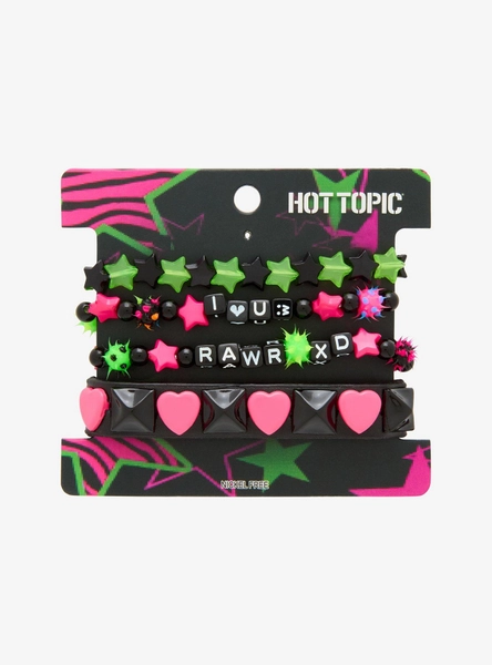 Neon Pink & Green Rawr Star Heart Bracelet Set