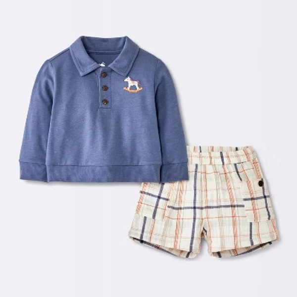 Baby Boys' Cross Stitch Polo Long Sleeve and Shorts Set - Cloud Island™ Blue 12M