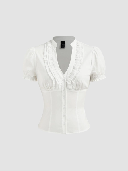 Cotton-blend V-neck Lettuce Trim Short Sleeve Blouse