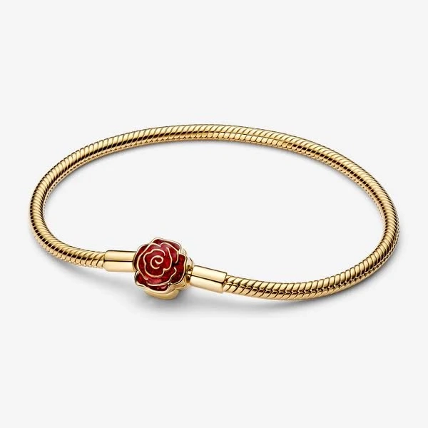Pandora Disney Beauty and the Beast Enchanted Rose Snake Chain Bracelet in 14k Gold-