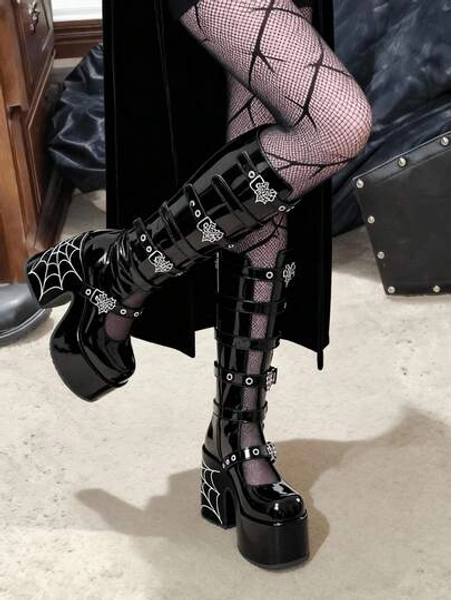 Women's Platform Spider Web Gothic Knee High Boots Round Toe Fashionable Sexy Current Motorcycle Party Winter Fall Shoes For Women