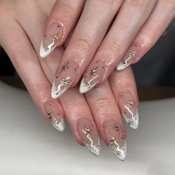 10PCS Almond Nail Press French Pointed Cat Eye Fake Nail With Rhinestone Design, Shiny Artificial Nail Press Cute Nail - AliExpress 
