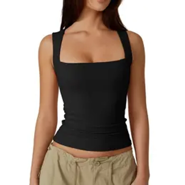【Runs Small】QINSEN Women's Square Neck Sleeveless Double-Layer Tank Tops Basic Tight T Shirts short