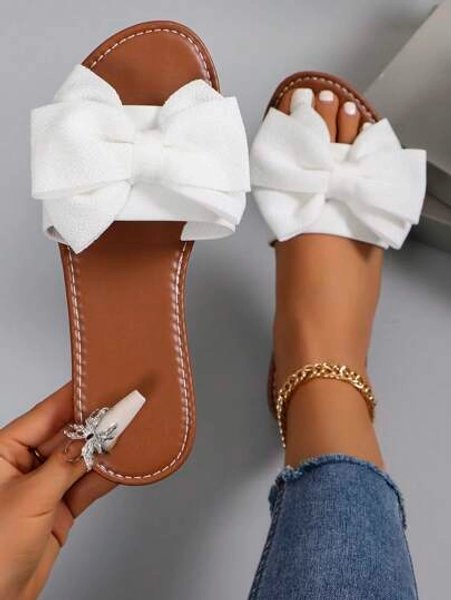 2024 Summer New Fashion Bowknot Large Size Beach Slippers For Women, Soft-Sole Valentines