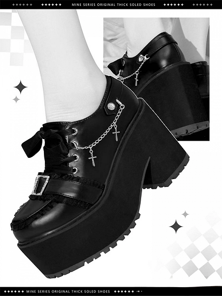 [$58.00]Matte Black Jirai Kei Platform Shoes | Detachable Cross Chain ，Rhinestone Buckle & Ribbon Lacing