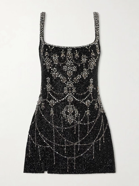 Clio Peppiatt - Crystal-embellished Beaded Mesh Mini Dress - Black