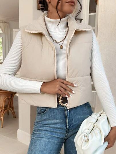 Solid Zip Up Sleeveless Casual Padded Coat