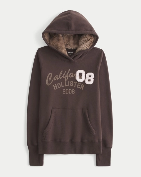 Hollister Faux Fur-Lined Hood Graphic Hoodie