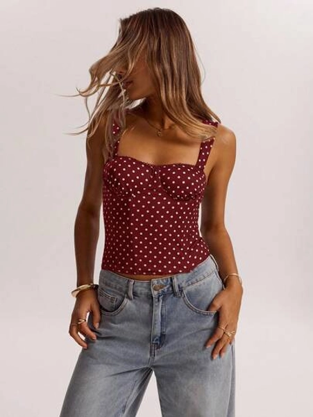 SHEIN BAE Women's Date Night Girlfriend Party Birthday Party Nightclub Holiday Party Elegant Polka Dot Top, Girlfriends Party, Date, Daily Street Commuting Corset, Sexy Summer Tops, Cute Tops,Red Top