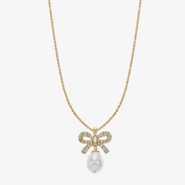 Monet Jewelry Gold Tone Womens Glass Simulated Pearl Bow 17 Inch Pendant Necklace