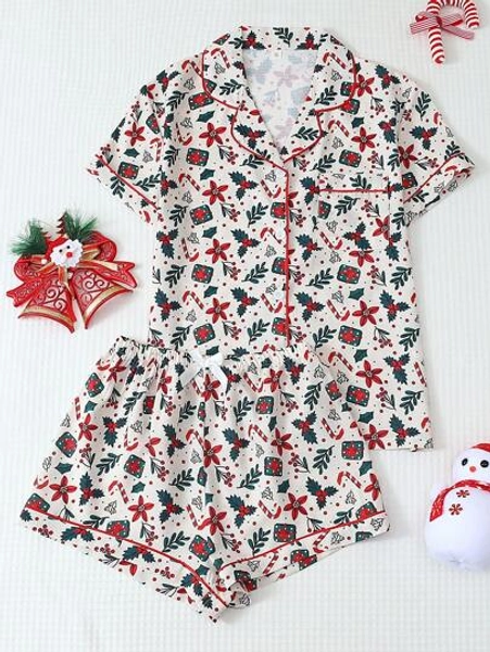 Women's Christmas Candy Cane Print Lapel Button Short Sleeve Top And Bow Shorts Pajama Set, Suitable For Christmas Home Use, Spring/Summer