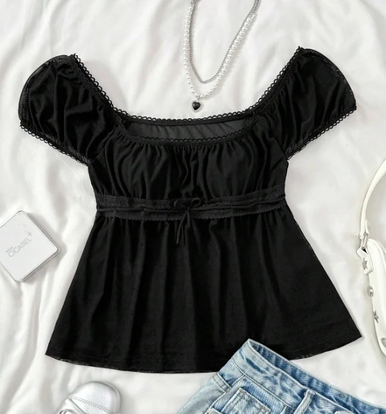 SHEIN Teen Girl Square Neck Puff Sleeve Tie Front Tee