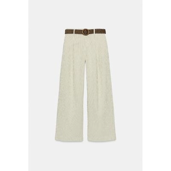 Zara - Wide Striped Trousers With Belt - Ecru - Xs - Woman