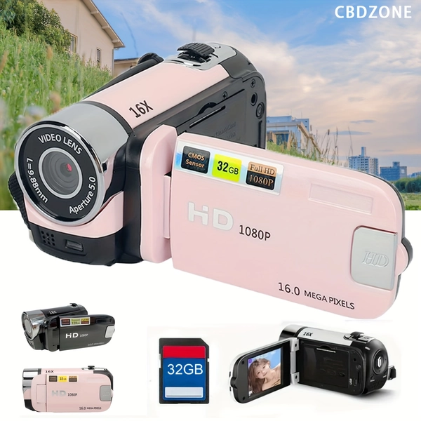 Camera, New High-Definition Wide-Angle Portable Camcorder, 1080P 16x Digital Zoom with 270° Rotating LED Flip Screen, 2.4-Inch Screen Display, Suitable for Home and Outdoor Recording, Equipped with 32GB Memory Card