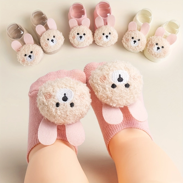 1 Par/3 Pares de Calcetines Antideslizantes para Niñas con Diseño de Conejito y Orejas Planas Lindo - Poliéster Suave Transpirable, Puños Elásticos Acanalados para Comodidad Todo el Año, Solo Lavado a Mano, Calzado Antideslizante para Jóvenes | Estilo Textura Esponjosa | Material de Poliéster Suave, Calcetines para Niñas