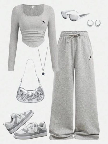 SHEIN Girlism 2pcs/Set Teen Girls' Black Snowflake Embroidered New York Text Ribbed Knit Jumpsuit & Casual Retro Snowflake Printed Pants, Spring/Summer