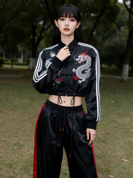 Dragon Embroidered Striped Set