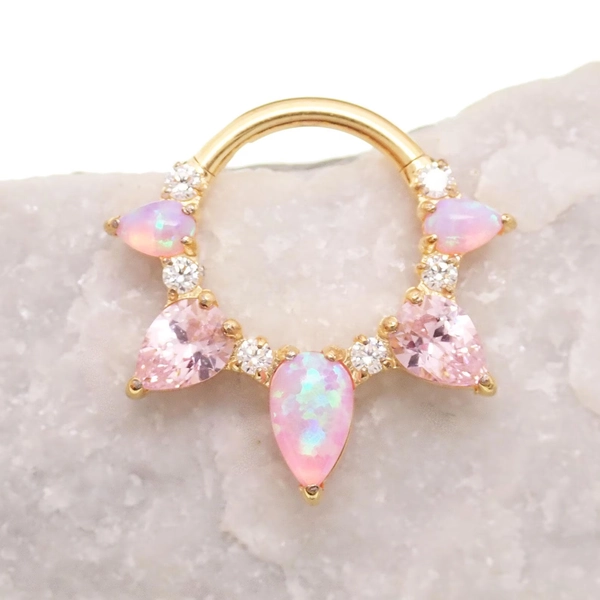 Bubblegum Pink fire opal and CZ  8mm, 10mm Titanium Clicker · Septum/Helix/Daith/ ·16g sold in singles, PVD Gold Finish, hypoallergenic