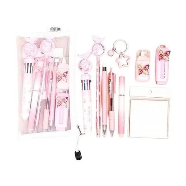 Cute Stationery Set, Kawaii Office Supplies Including Ballpoint Pens Pencil Sharpener Highlighter Correction Tape Eraser Utility Knife 7 Pcs Pink,
