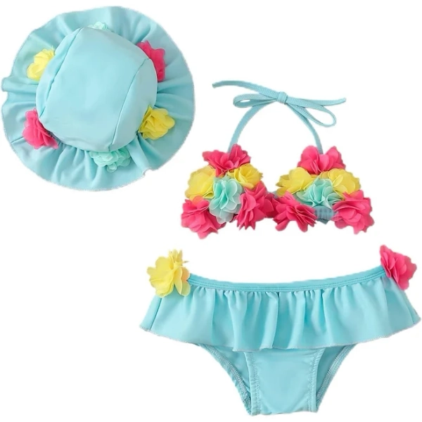 Infant Baby Girl 3D Flower Halter Triangle Top Bikini Bottom Set with Sun Hat