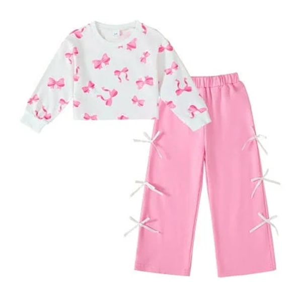 Girls' Bowknot Print Long Sleeve Round Neckline Pants