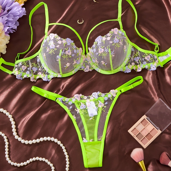 Neon Color-blocking, a Secret Collection of Floral Allure. Underwire Support for a Lifted Bust, Adjustable Straps and Panties That Balance Beauty with Comfort. The Perfect Choice for Private Photoshoots, Anniversaries, and Date-night Outfits