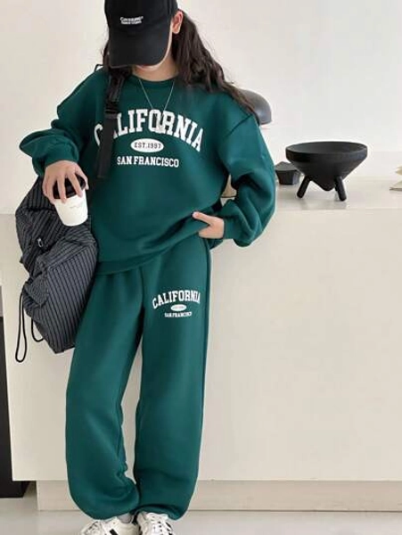Tween Girl Comfortable Casual Minimalist Slogan Print Oversized Crew Neck Long Sleeve Hoodie And Skinny Sweatpants Set, Suitable For Home And Outdoor, Moss Green, Christmas Tween Girl Sweatsuit Teen Girl Sweatsuit Girls Sweatsuit Set Hoodie And Sweatpants Set Girls 2 Piece Sweatsuit Outfit Girls Teen Girl Sweatsuit Set Sweatsuit For Teen Girls Teen School Clothes 2 Piece Set Girl Long Sleeves Outfits Sweatshirt Straight Pants Suit Tween Girl Fall Winter