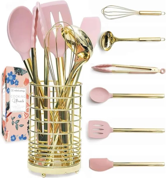 Styled Settings Gold & Pink Kitchen Utensil Set with Holder