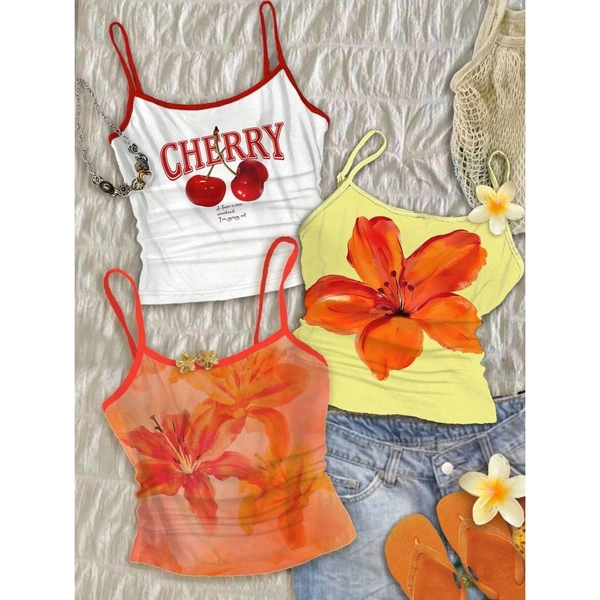 Girls' 3pcs Set& Cute Cherry Orange Hibiscus Tropical Floral Resort Style Slim Fit Casual Sports Tank Top 3pcs Set, Cool and Comfortable Outfit Series, Suitable for Family Travel Season, Beach Style, Vacation Essentials, Summer Tops