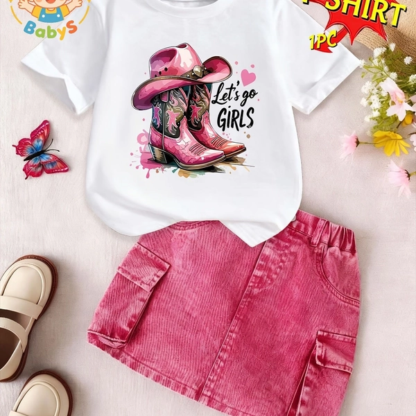 [T-shirt Sale Only]Girls Pink Cowboy Boots and Hat Graphic T-Shirt - Short Sleeve Crew Neck Summer Top, Cute Western Style Print Tee for Kids, Fun Cowgirl Design for Casual Wear and Birthday Gifts.